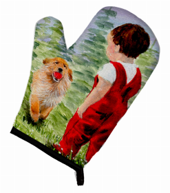 Little Boy with his  Golden Retriever Oven Mitt