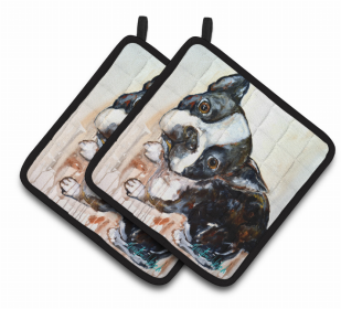 Dog Pair of Pot Holders (Color: Boston Terrier Jake The Look, size: 7.5 x 7.5)